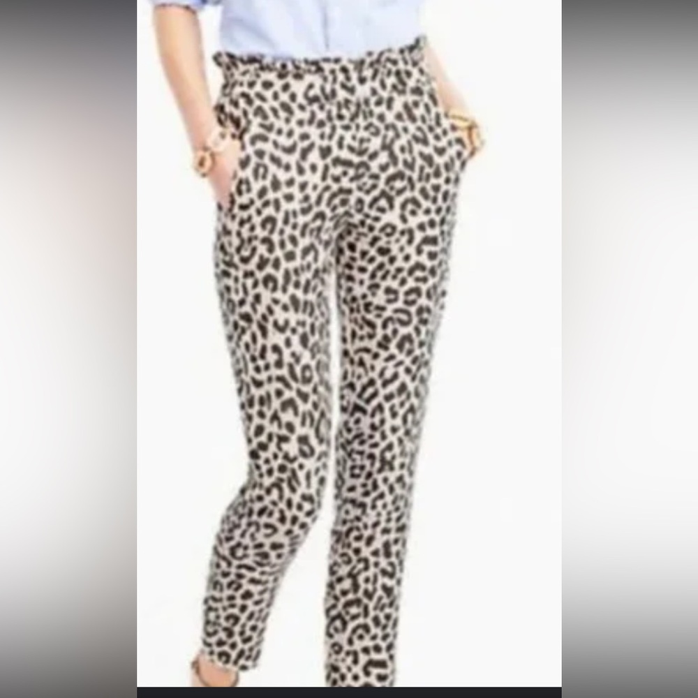 J. Crew Animal Print Crop Ankle Trousers Sz 8 Elastic Waist Ruffle Linen Pants